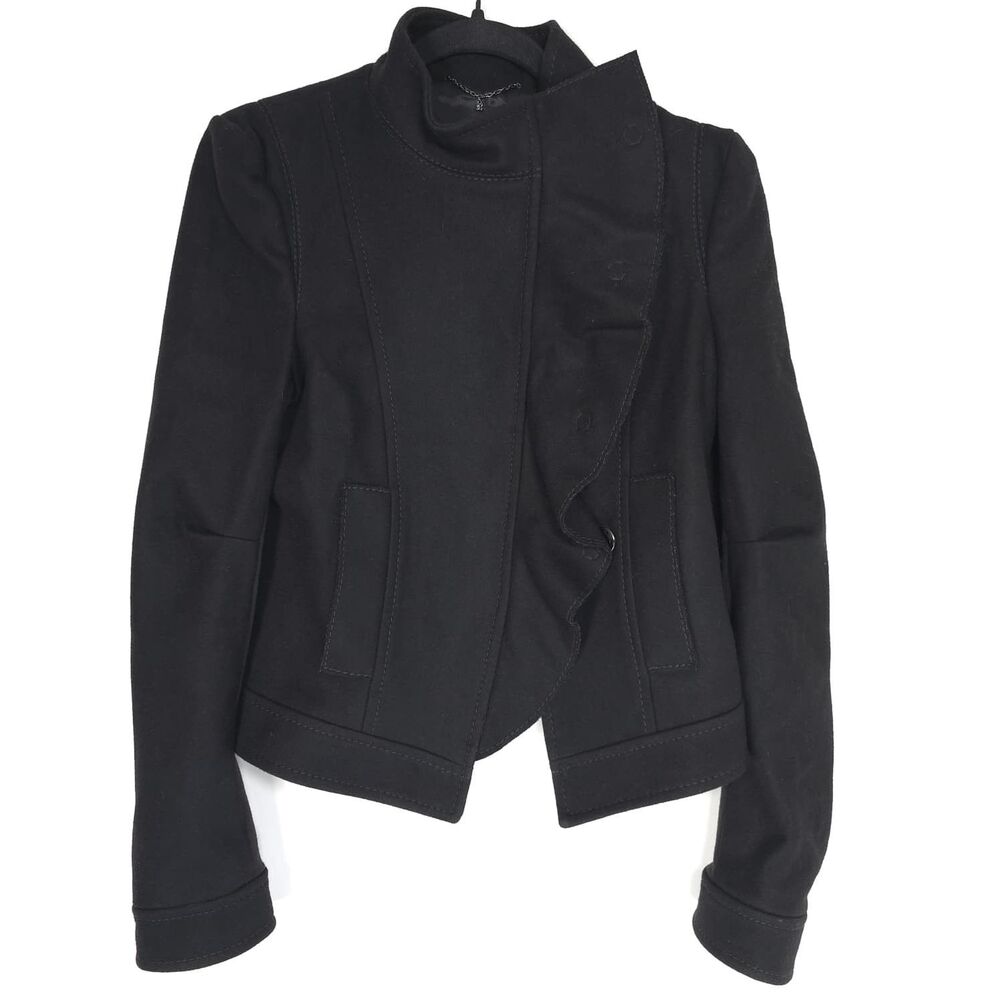 BCBGMAXAZRIA Black Wool Blend Jacket SMALL Asymmetrical Snap Women's MRT8B562